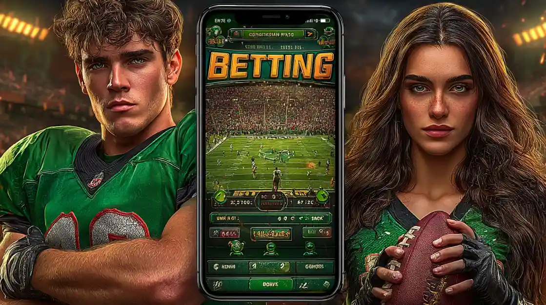 Male and female American football players standing on either side of a smartphone that displays a live sports betting application for football.