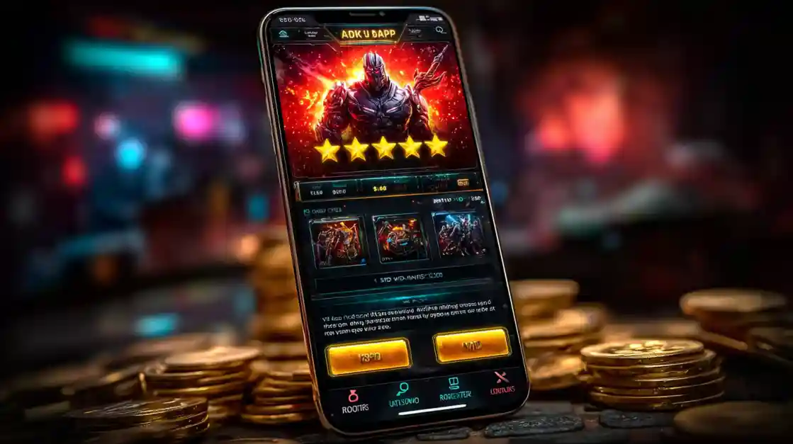 A smartphone displaying a five-star rated fantasy action game, propped up against a large pile of gold coins in a dimly lit setting.