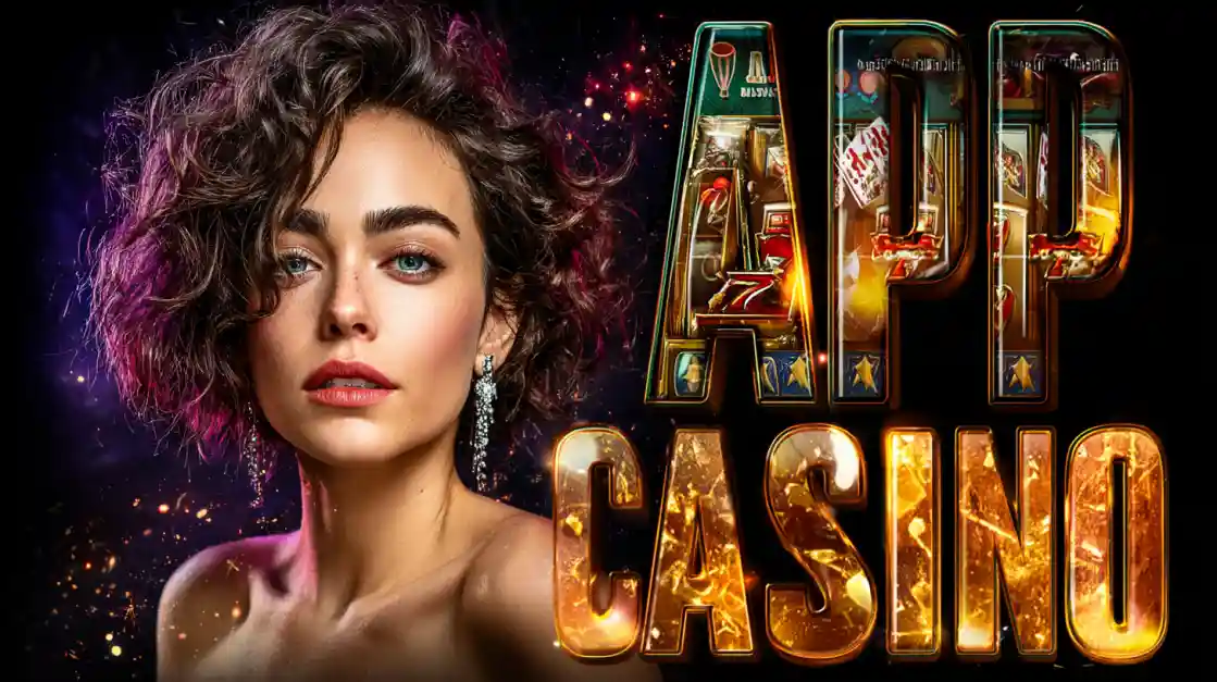 A woman holding a smartphone displaying the 7C77 casino app logo, with a confident and excited expression while surrounded by casino-themed elements.