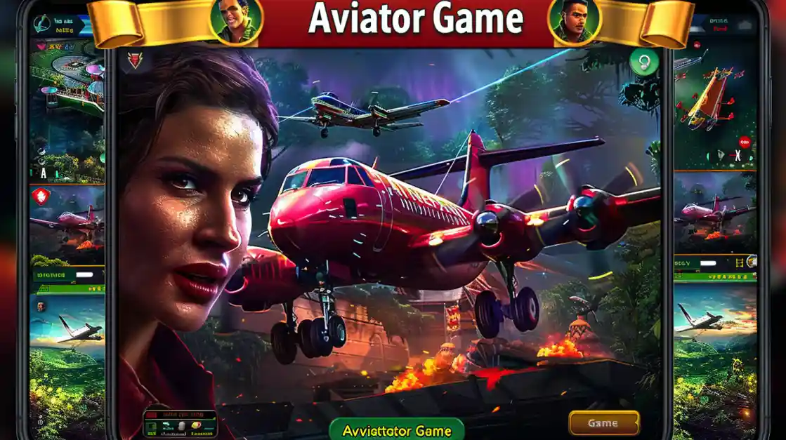 The user interface of the Aviator Game, showing a close-up of a female character and a red airplane on a fiery runway, ready for takeoff.