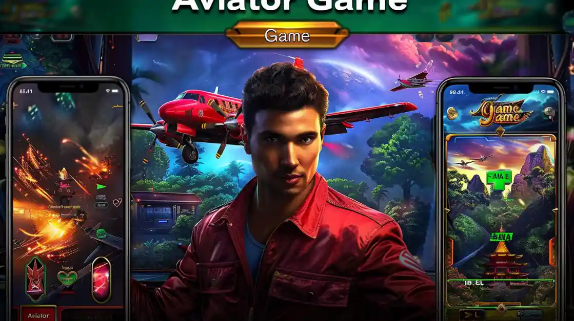 A promotion for the Aviator Game featuring a cool male character, flanked by two smartphones showcasing different explosive gameplay screens.