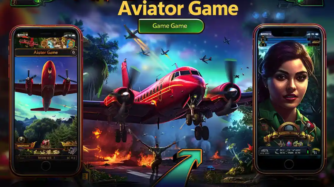 Promotional image for the Aviator Game featuring a large red airplane, with two mobile phones on either side displaying the game's interface and characters.