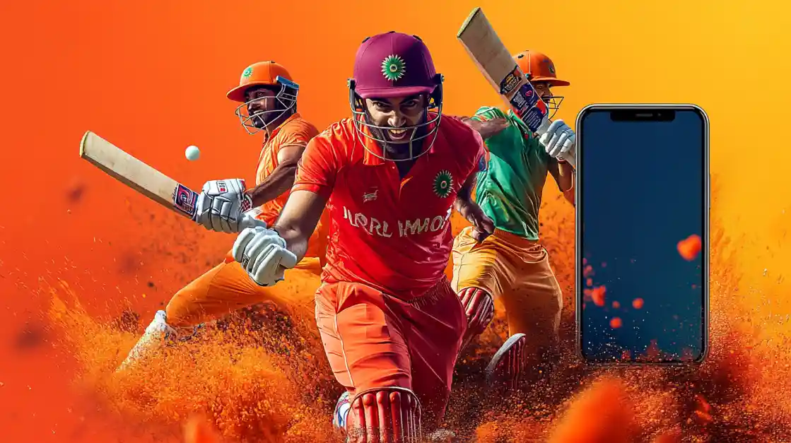 Three cricket players in action against an explosive orange background, next to a smartphone showcasing a mobile betting application.