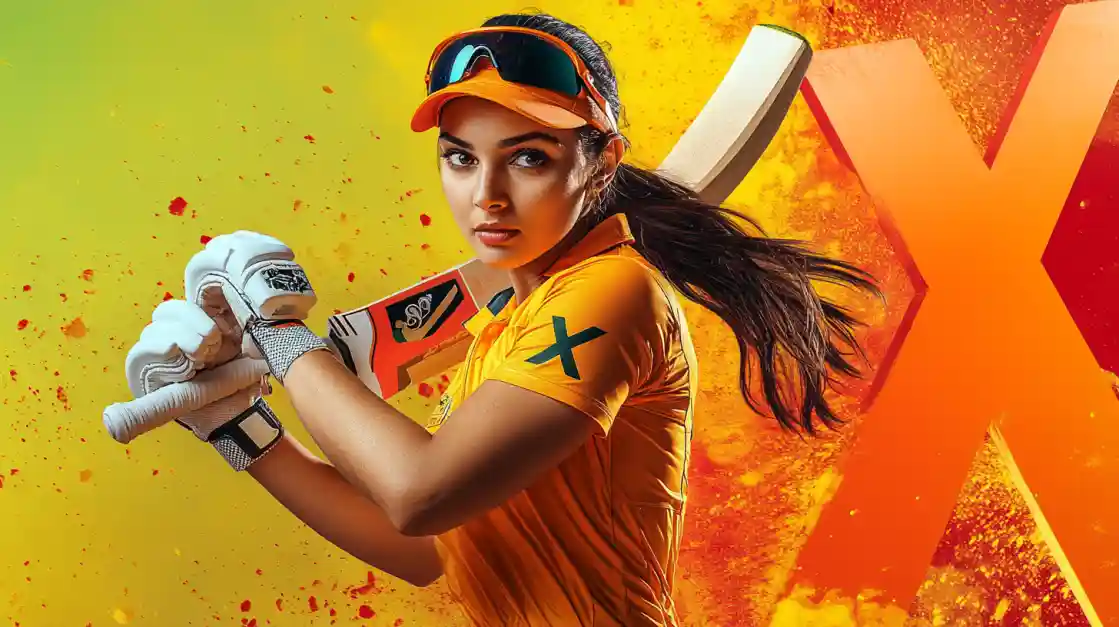 A focused female cricket player in an orange uniform and visor, holding a bat in a ready stance against a vibrant yellow and orange background with a large X.