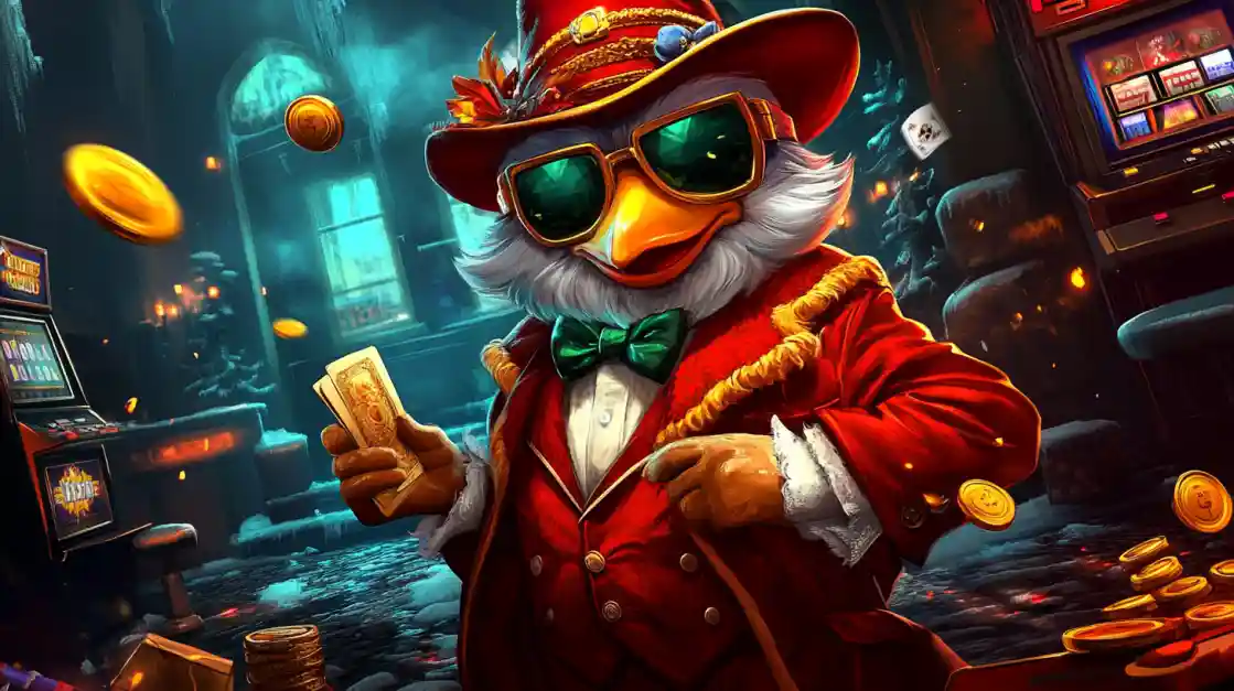 A cool duck character in a red suit and sunglasses holds a wad of cash in a vintage casino, representing a high-roller slot game.