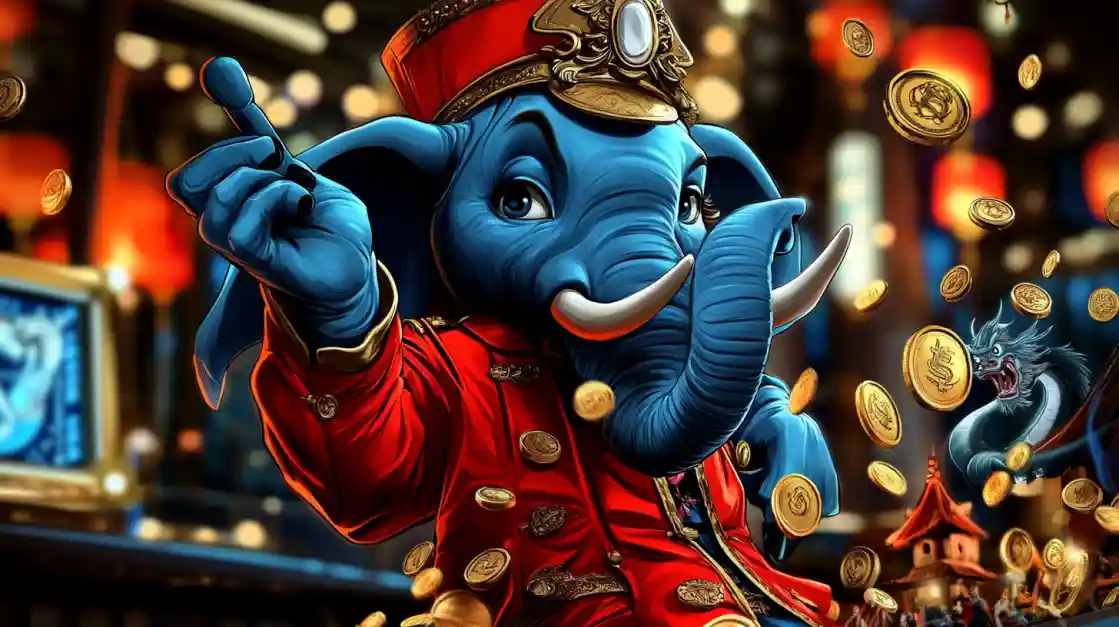 A grand blue elephant character in a red jacket, surrounded by gold coins, as the mascot for a lucky, Asian-themed online slot game.