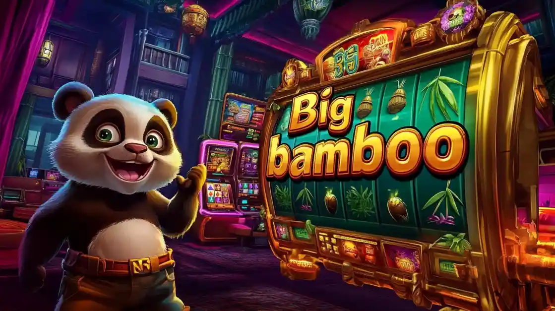 A happy cartoon panda stands next to the Big Bamboo online slot machine in a colorful, Asian-themed casino.