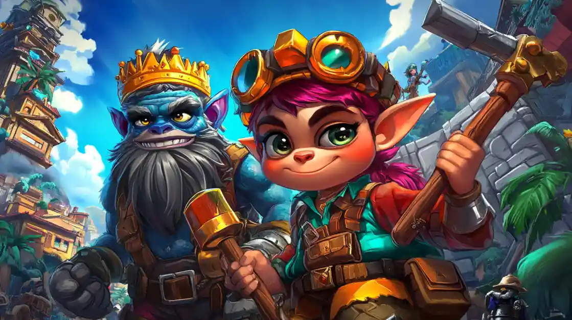 A goblin king and a female elf adventurer with a hammer, the main characters of a vibrant fantasy-themed online slot game.