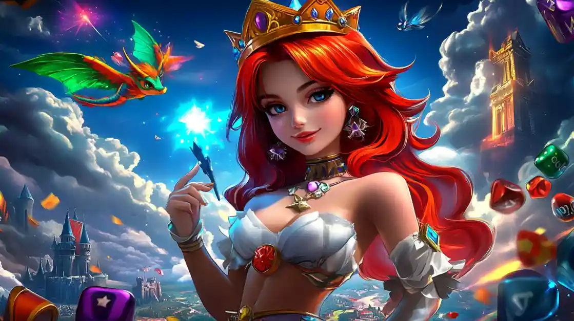 A beautiful red-haired princess in a magical kingdom with a flying dragon, promoting the popular fantasy slot game Starlight Princess.