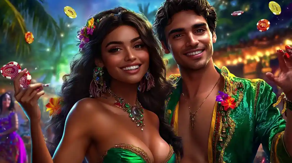 A happy, attractive couple enjoying a tropical-themed casino party, with colorful lights and floating poker chips around them.