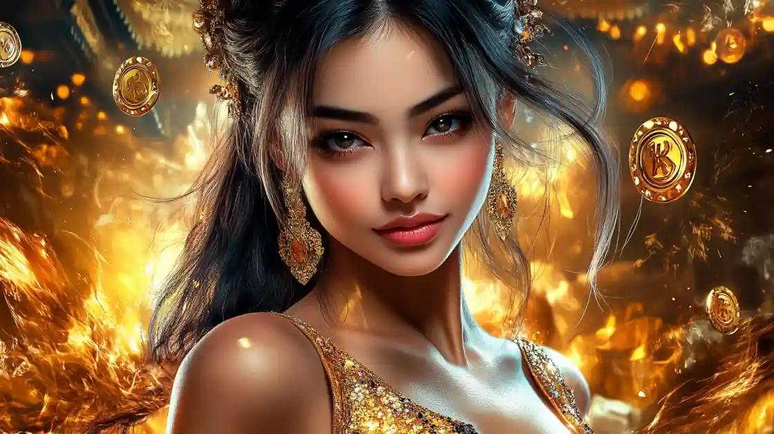 A beautiful woman in a golden dress surrounded by fire and floating gold coins, representing a high-stakes online casino experience.