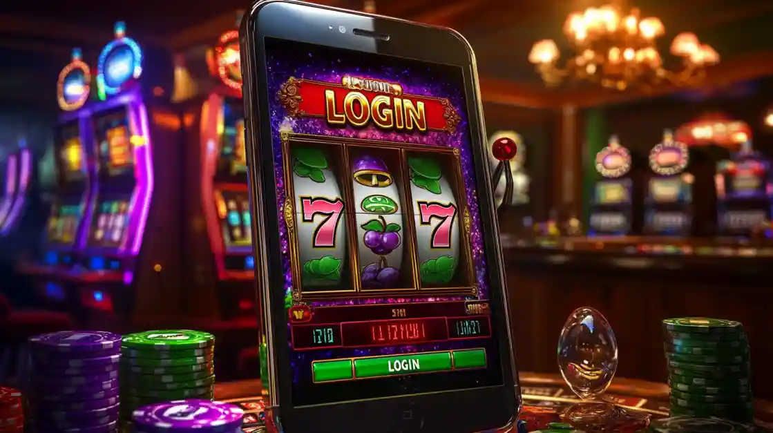 A smartphone on a casino table displaying the login screen for a classic 777 online slot game, with a blurred casino background.