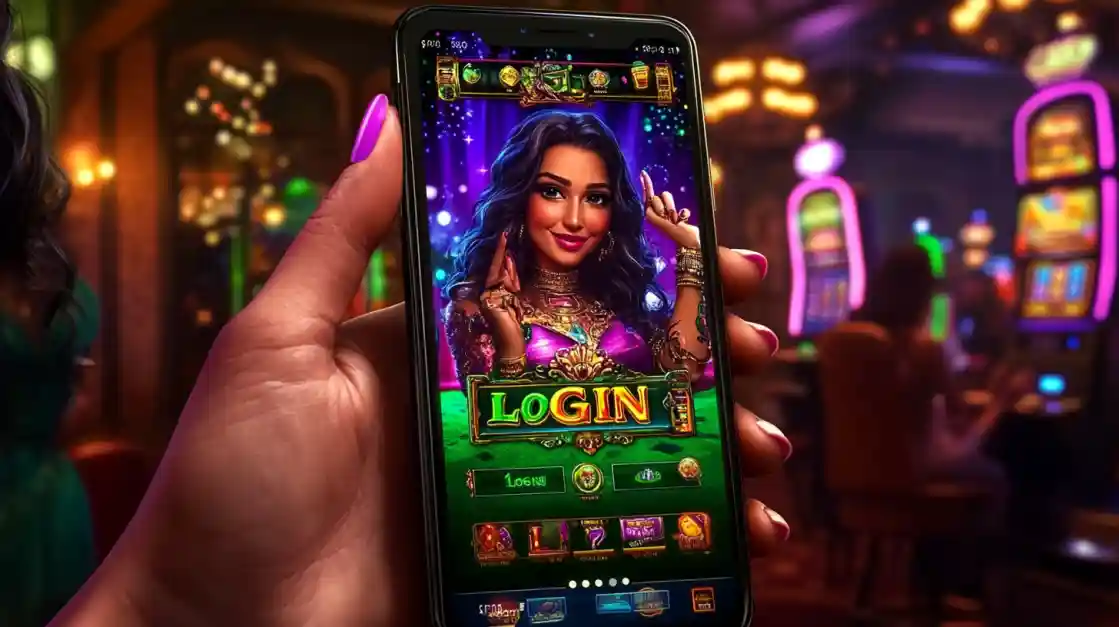A person holding a smartphone showing the login screen of a casino app with a glamorous Indian-themed character.