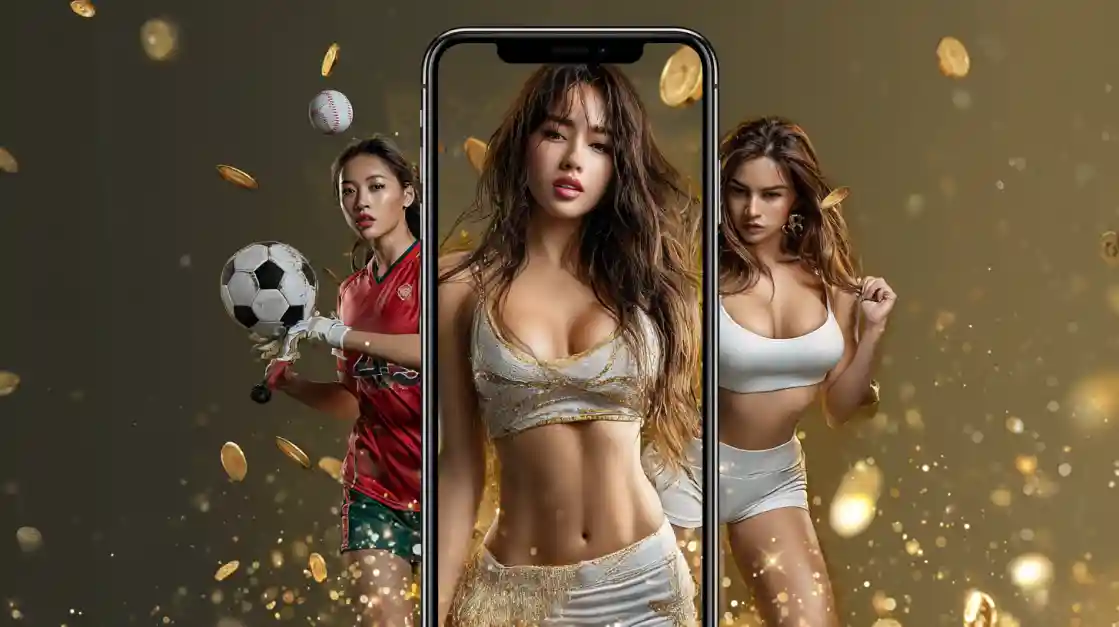 A smartphone showcasing the variety of a betting app, with female athletes and a glamorous model emerging from the screen amidst falling gold coins.
