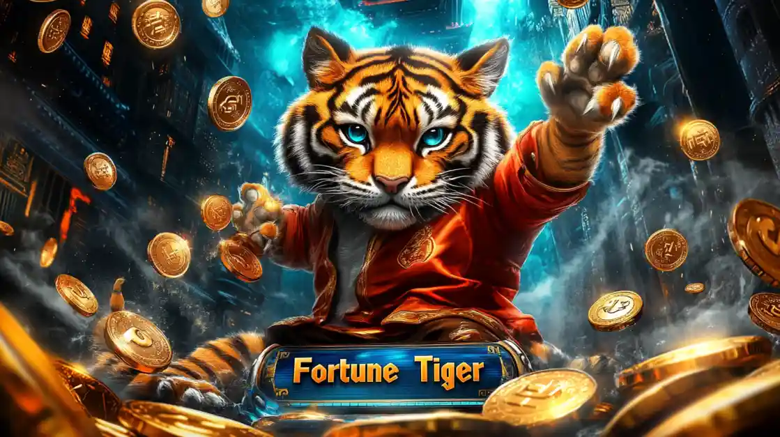 The main character of the Fortune Tiger slot game, a tiger in a red jacket, is surrounded by a shower of winning gold coins.