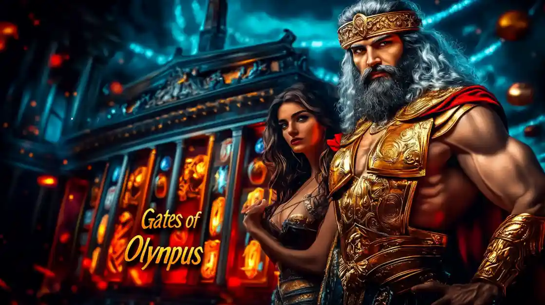 The mighty god from Gates of Olympus and a beautiful goddess stand in front of the popular Greek mythology-themed online slot machine.