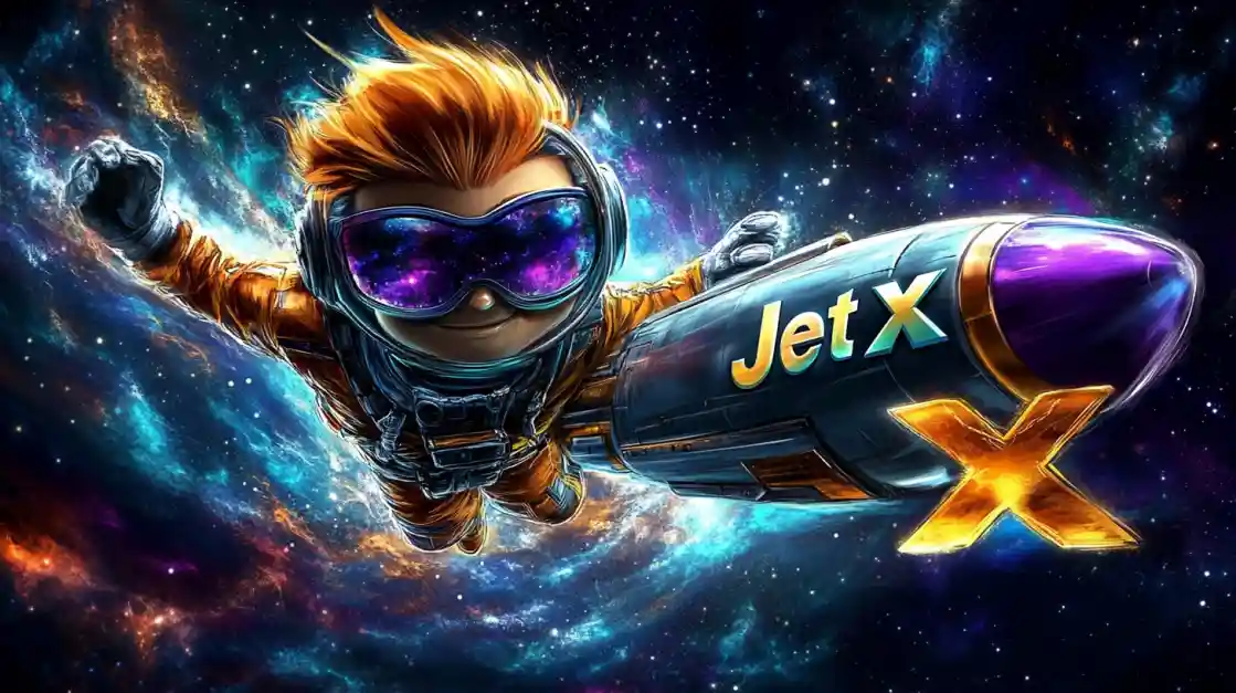 The character from the JetX crash game flies through a colorful galaxy on a rocket, illustrating the excitement of the game.